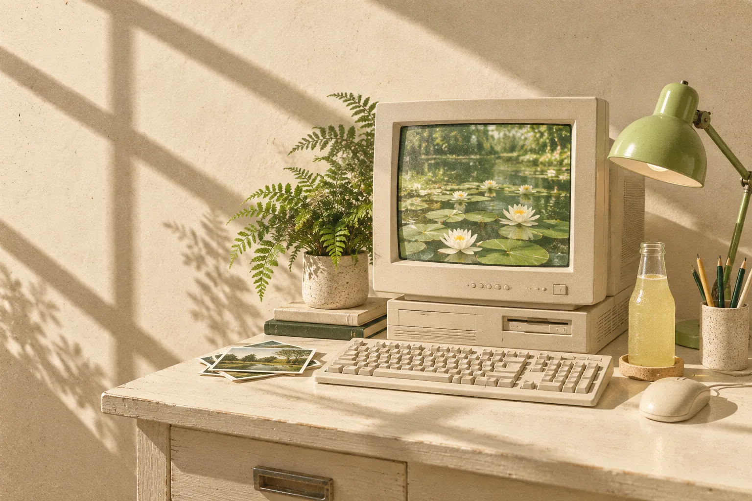 Beżowy komputer z lat 90. z monitorem CRT na kremowym biurku w ostrym słońcu. Na ekranie staw z liliami, obok lemoniada, wydrukowane zdjęcia i zielona lampka.