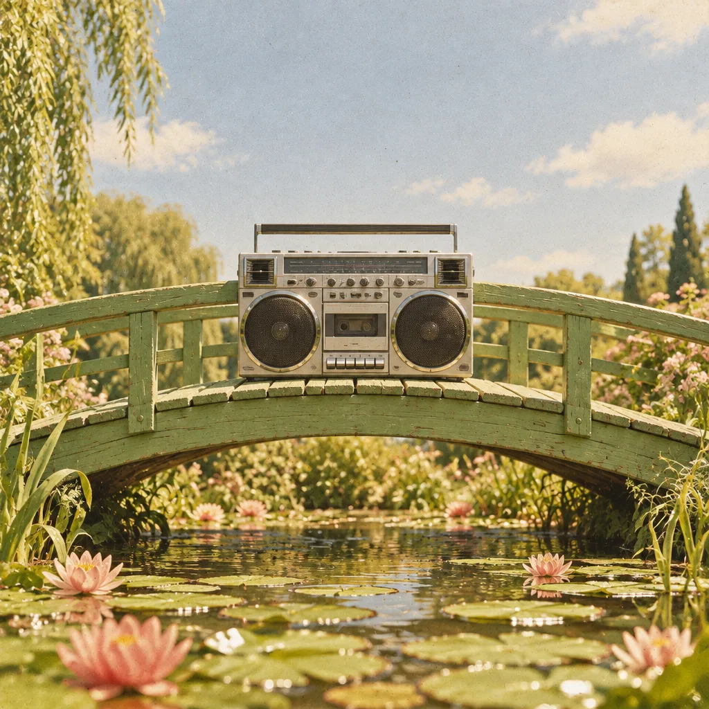 Srebrny boombox z lat 90. na zielonym drewnianym mostku nad stawem z liliami wodnymi.