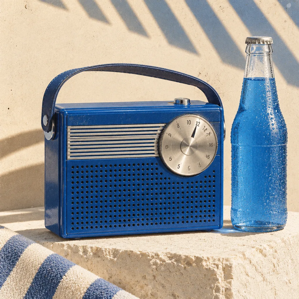 Kobaltowe przenośne radio z lat 70. na kamiennym bloku w ostrym słońcu, obok butelka niebieskiego napoju i ręcznik w niebieskie pasy.