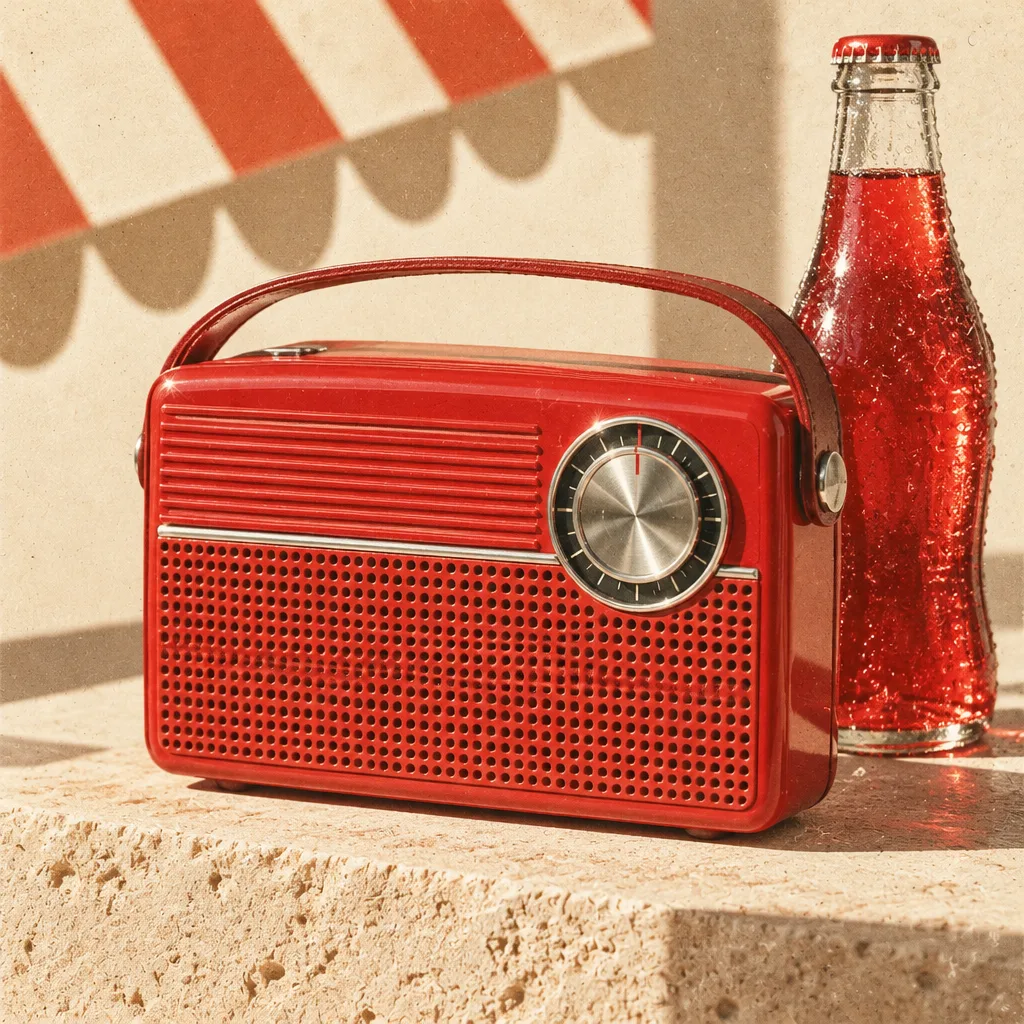 Czerwone przenośne radio z lat 70. na kamiennym bloku w ostrym słońcu, obok butelka czerwonej oranżady i cień pasiastej markizy.