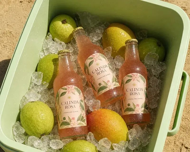 Różowe lemoniady w butelkach i limonki w zielonej lodówce turystycznej z lodem, na piasku.