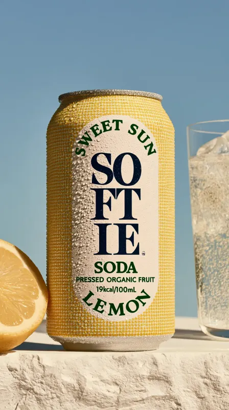 Żółta puszka napoju Sweet Sun Soda na jasnym kamieniu, w tle niebo i połówka cytryny.