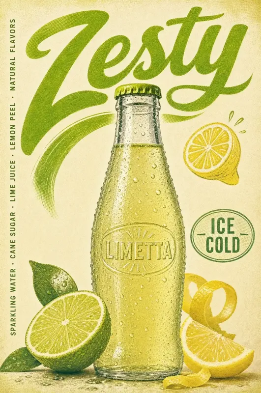 Retro plakat lemoniady Zesty: zielony napis, butelka z kroplami, limonki i cytryny na kremowym tle.
