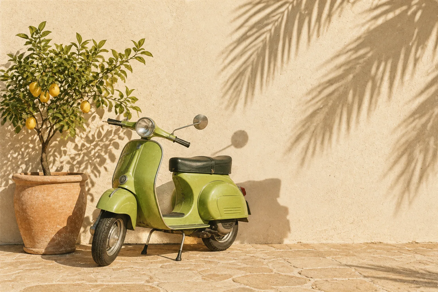 Limonkowa Vespa zaparkowana pod kremową ścianą w ostrym słońcu, obok drzewko cytrynowe w terakotowej donicy i cienie liści palmy.