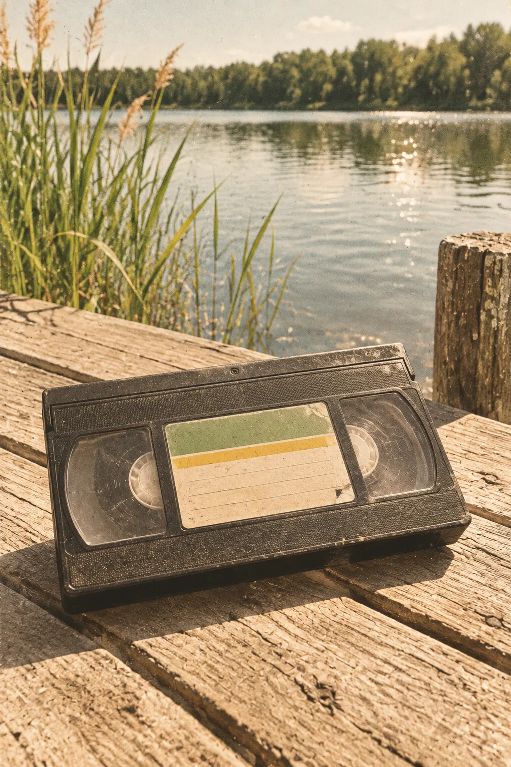 Kaseta VHS na starym drewnianym pomoście nad jeziorem, w tle trzciny i las.