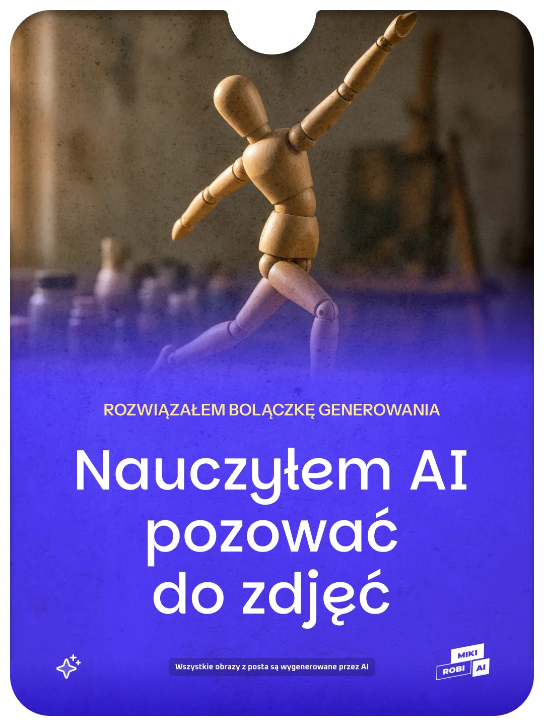 Drewniany manekin w dynamicznej pozie na okładce poradnika o ustawianiu pozy postaci w AI