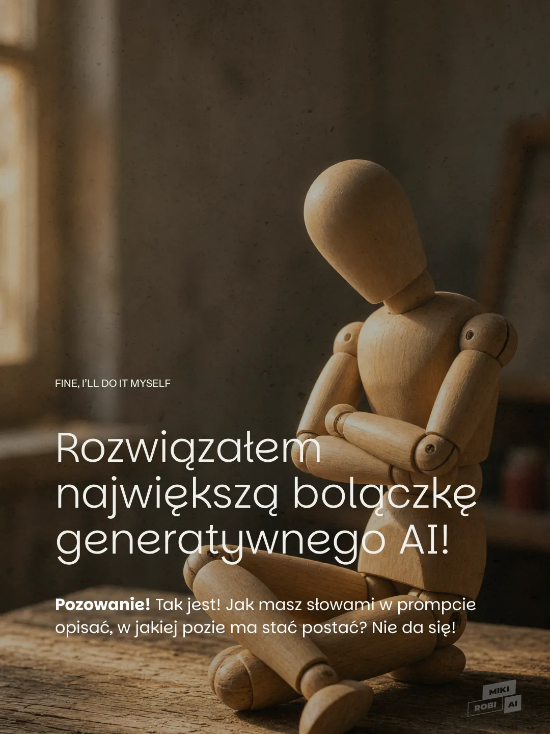 Siedzący drewniany manekin ilustrujący trudności z opisaniem pozy postaci w prompcie