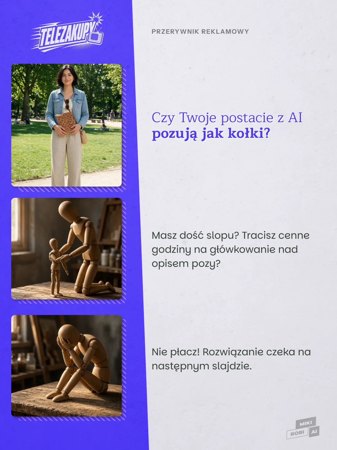 Żartobliwy slajd w stylu telezakupów: sztywna poza postaci AI i drewniane manekiny
