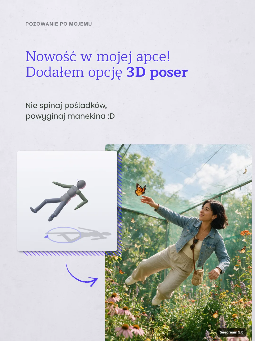 Przechylony manekin 3D i obraz z Seedream 5.0: kobieta w dżinsowej kurtce unosi się nad kwiatami i sięga do motyla