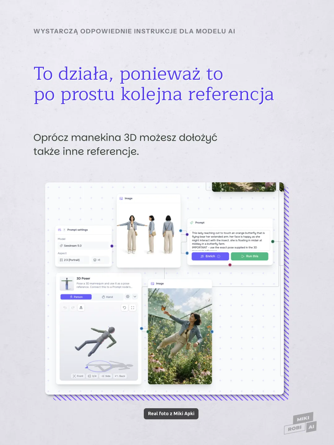Plansza Orchestrate w MikiRobiApke: 3D Poser, referencja wyglądu kobiety i ustawienia Seedream połączone z promptem