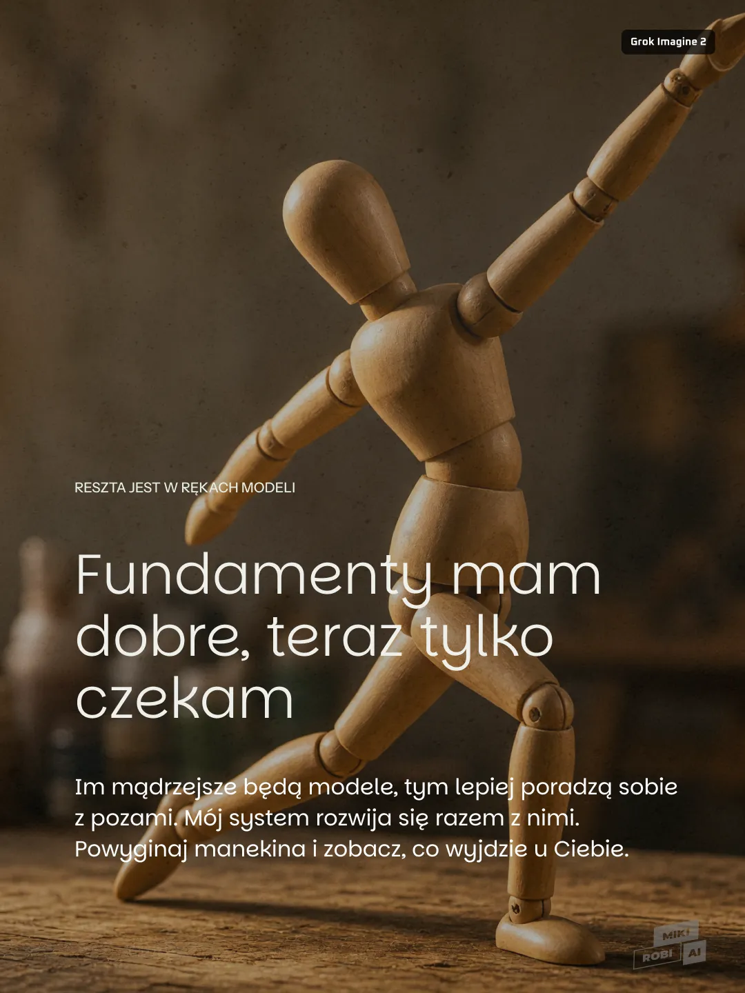 Dynamiczna drewniana figurka na slajdzie o wykorzystaniu referencji pozy przez modele AI