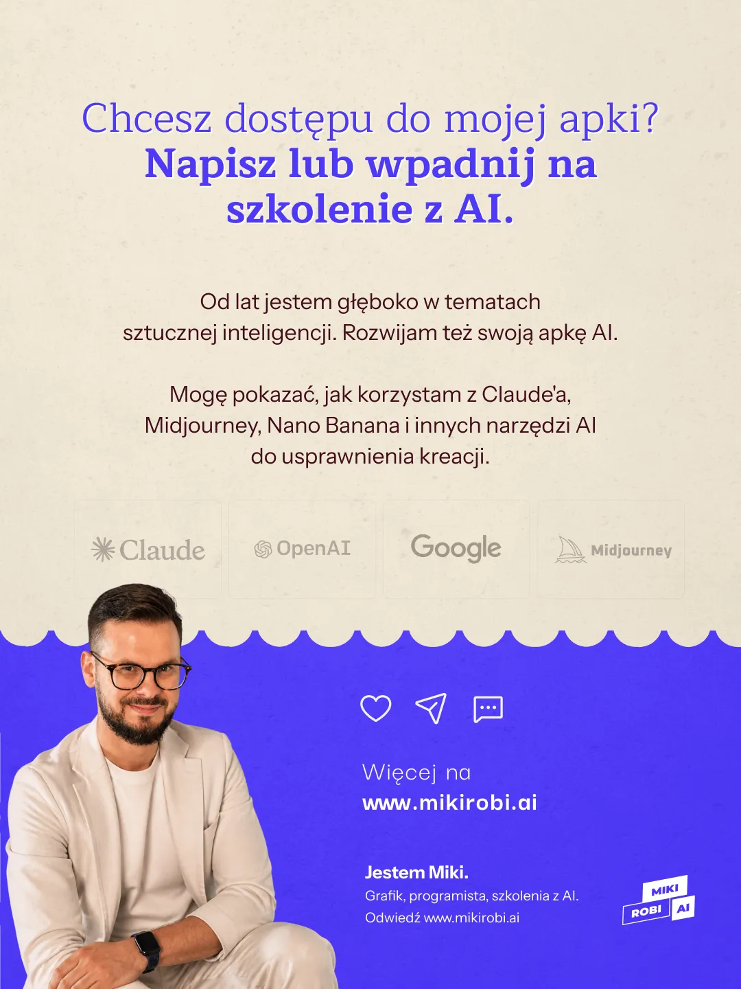 Miki, twórca aplikacji MikiRobiApke, zaprasza do kontaktu i na szkolenia z AI