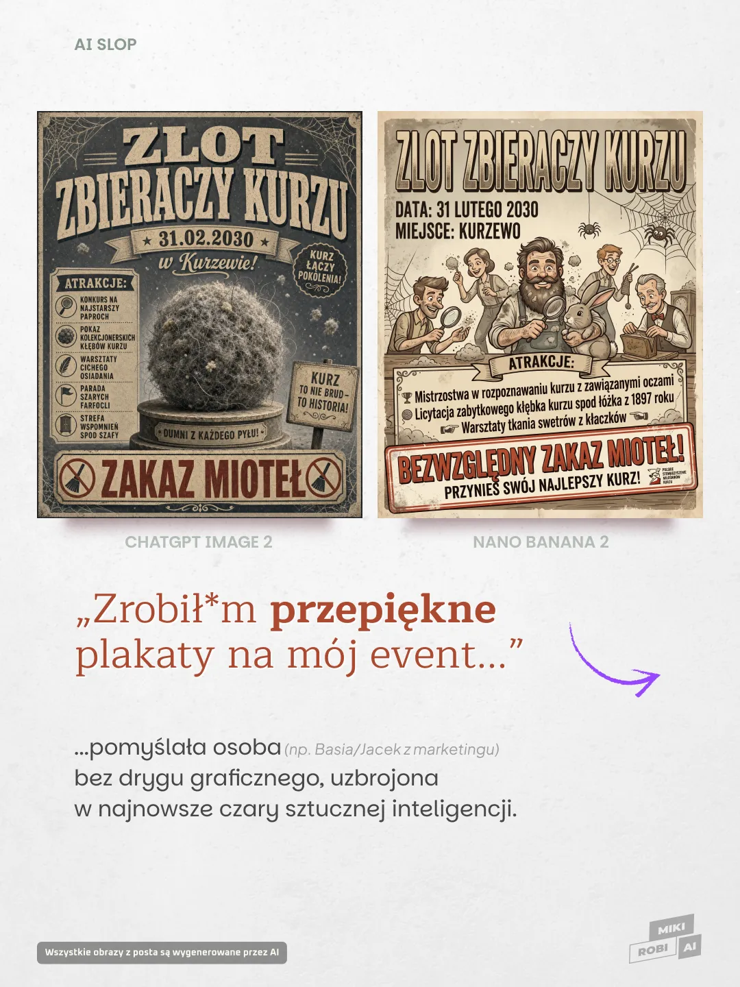 Plakaty na event złot zbieraczy kurzu w stylu vintage z zakazem miotel i atrakcjami w Kurzewie