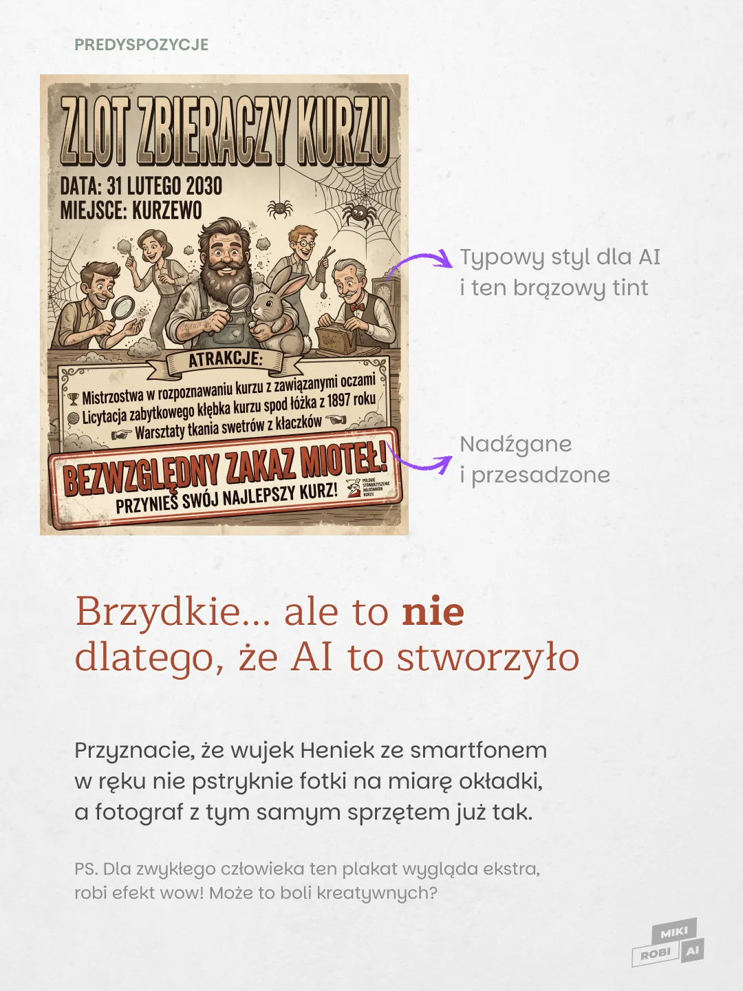 Vintage plakat zapraszający na zlot zbieraczy kurzu w Kurzewie 31 lutego 2030