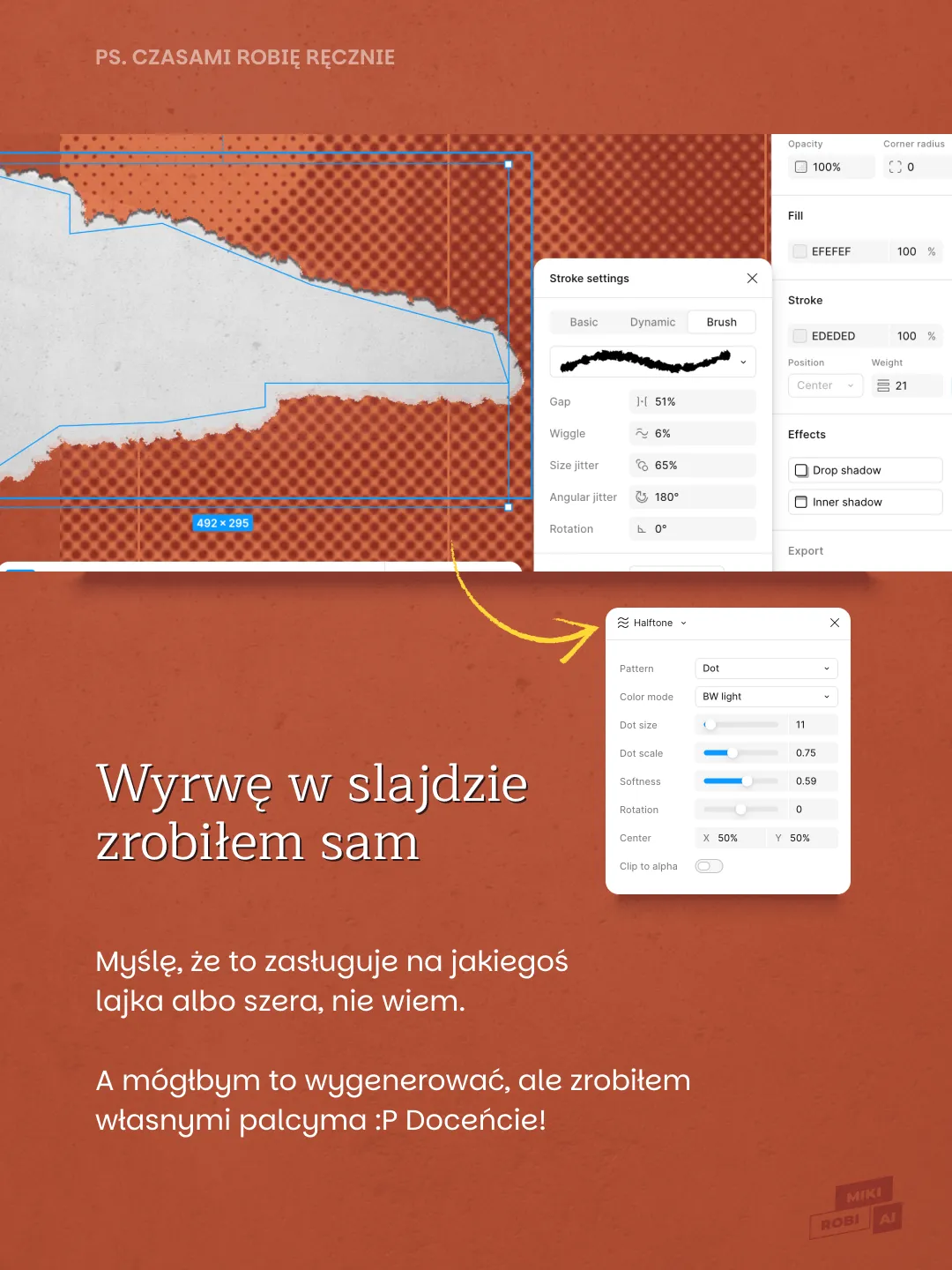 Interfejs edytora grafiki z mapą, panelem ustawień obrysu i halftone'u