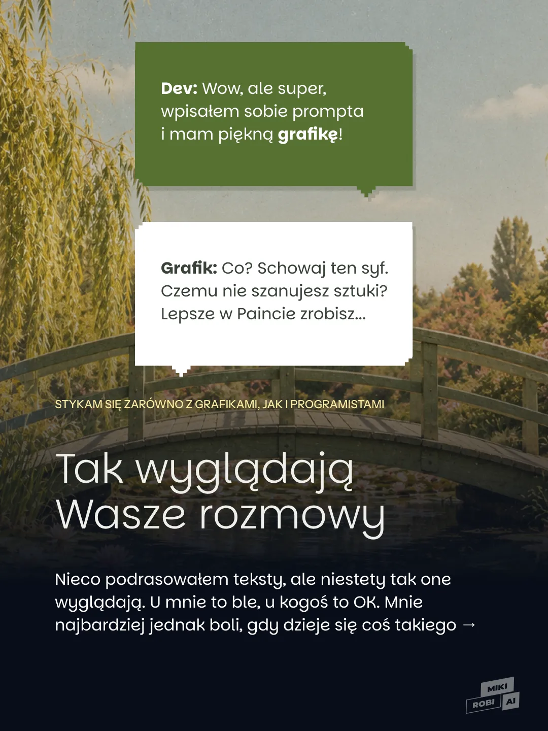 Grafik z dialogiem programisty chwalącego wygenerowaną grafikę i grafika krytykującego AI; nagłówek: „Tak wyglądają Wasze rozmowy”.