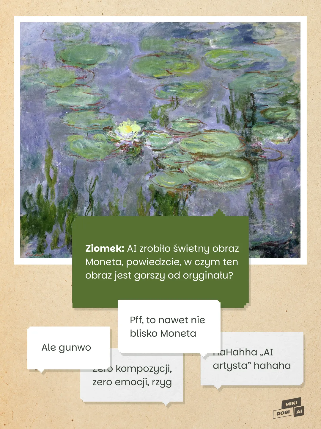 Stylizowany obraz stawu z liliami wodnymi i kwiatem, nad komentarzami krytykującymi grafikę stworzoną przez AI.