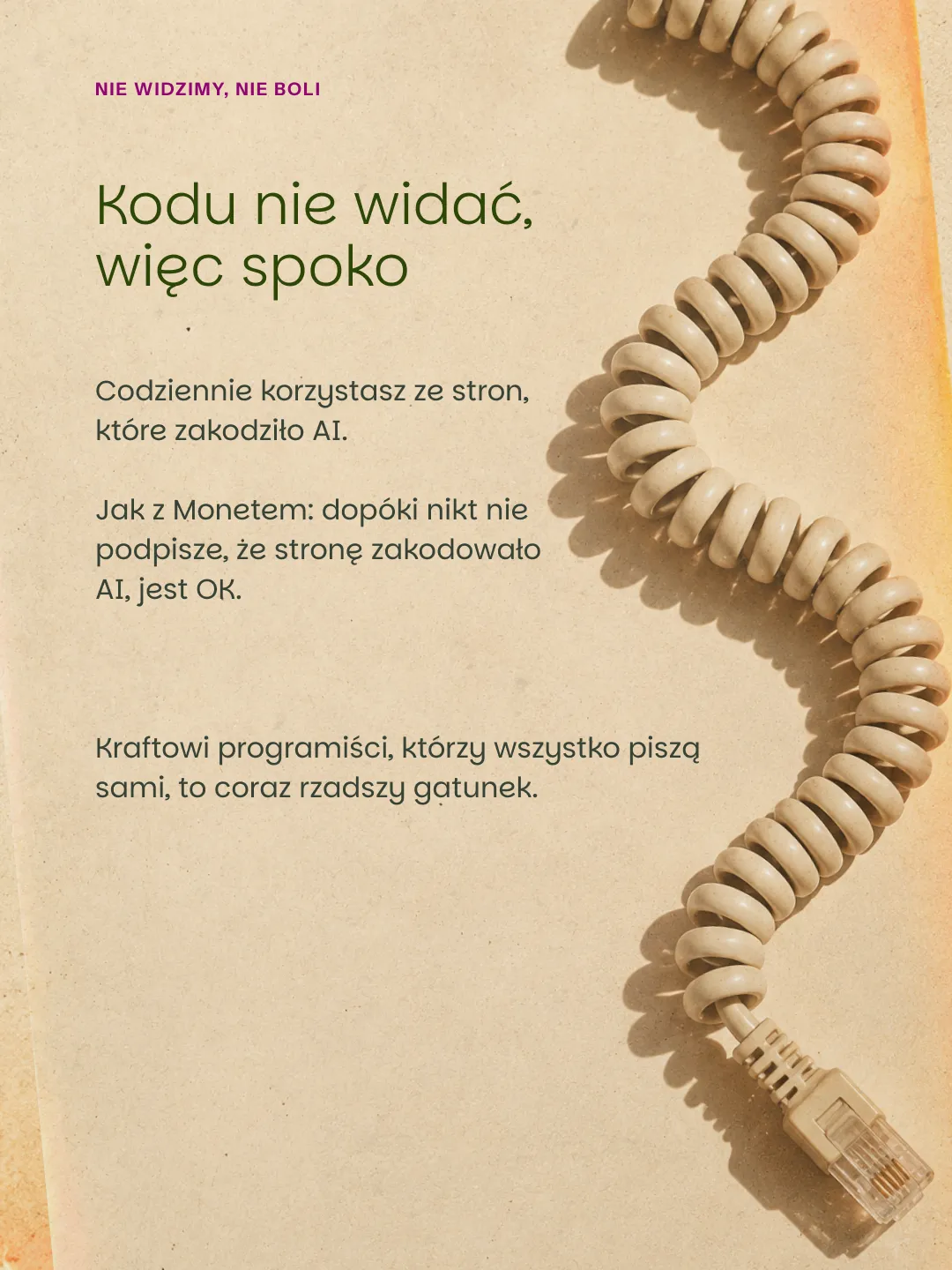 Plakat o kodowaniu stron przez AI, z tekstem o niewidocznych zmianach i coraz rzadszych programistach piszących samodzielnie; obok zwinięty kabel.