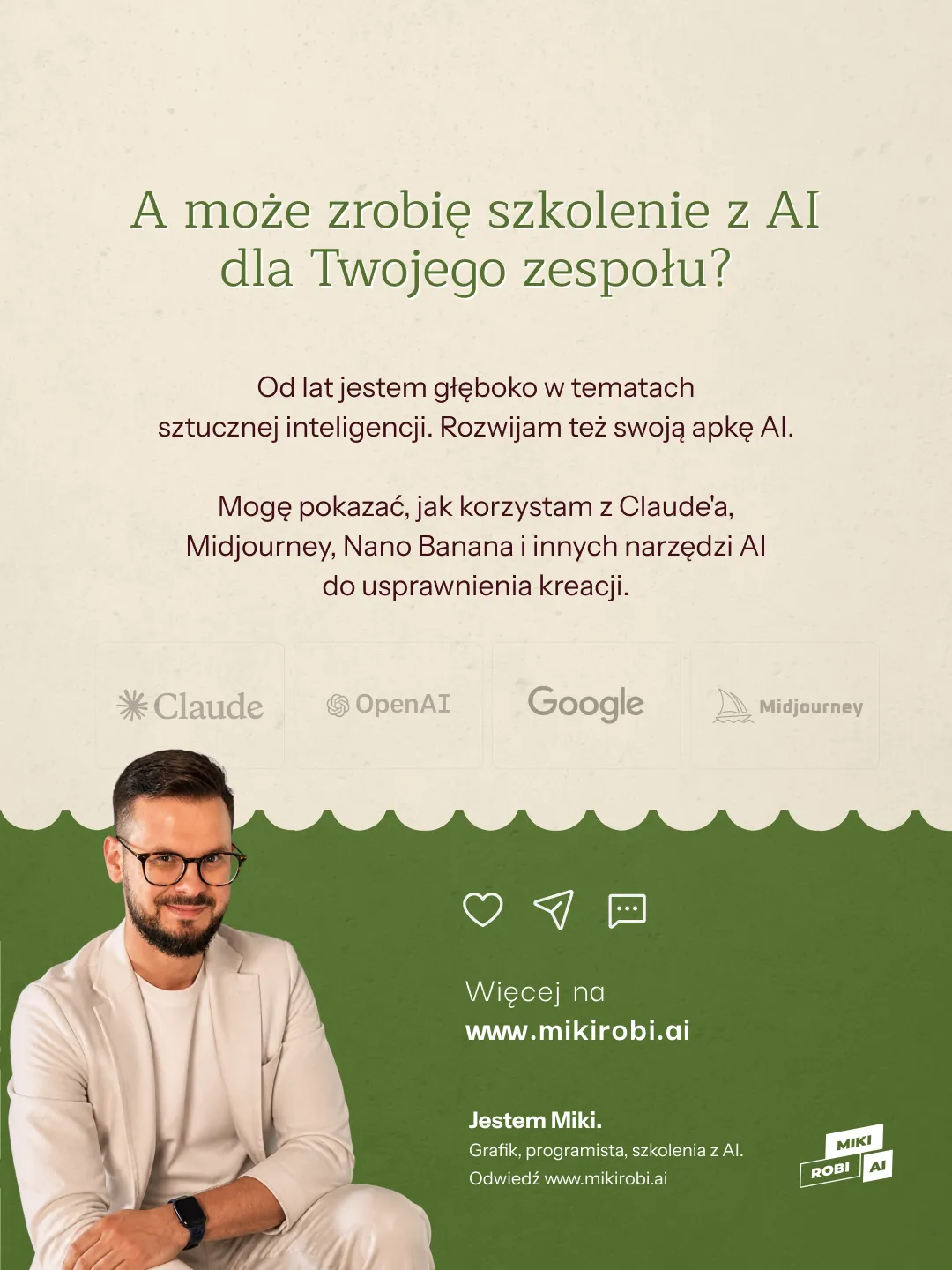 Plakat reklamujący szkolenia z AI prowadzone przez Mikiego, z jego portretem, opisem oferty i logo narzędzi AI.