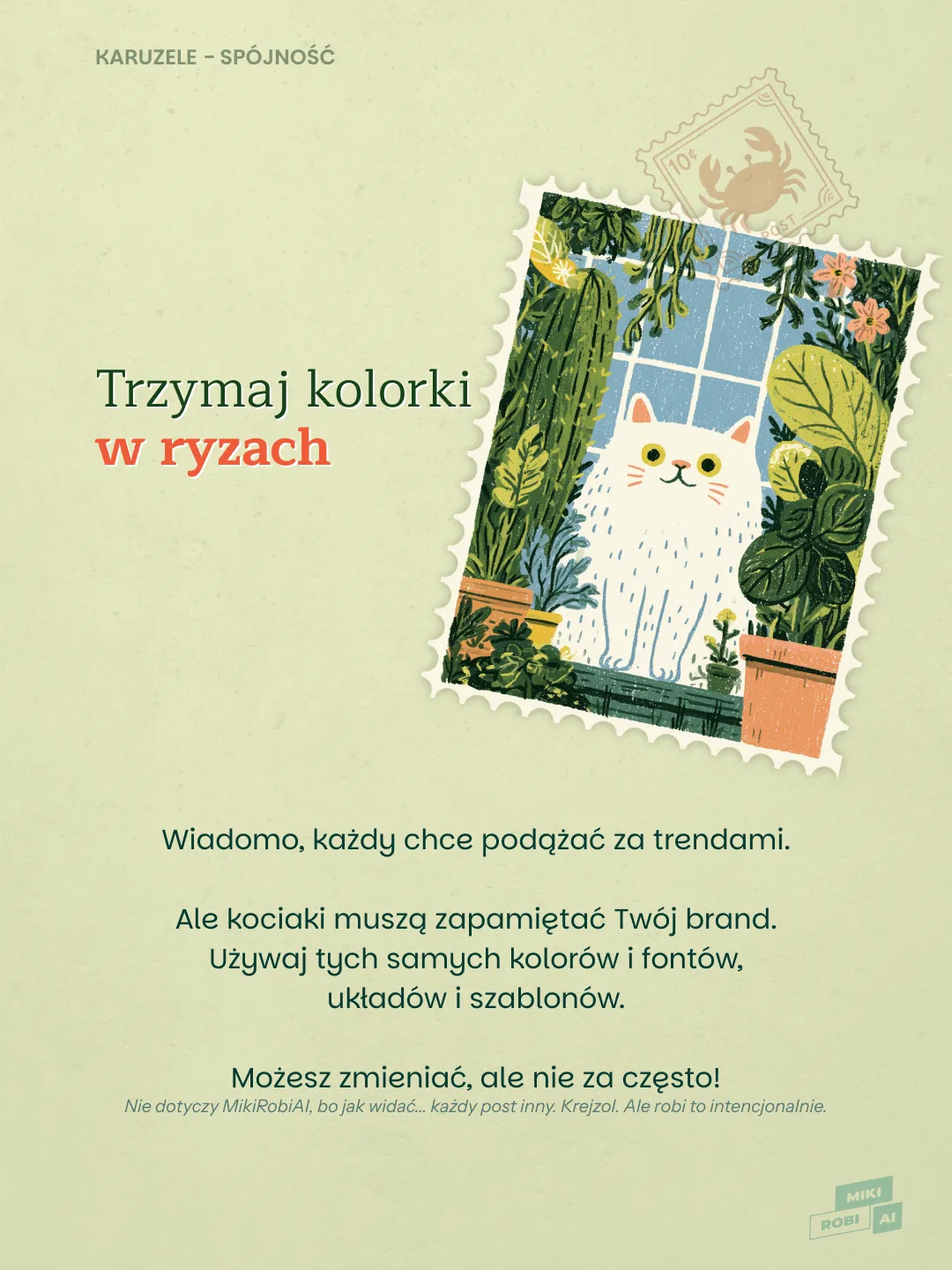 Biały kot w doniczce z roślinami na znaczku pocztowym, ilustracja do kolorowania