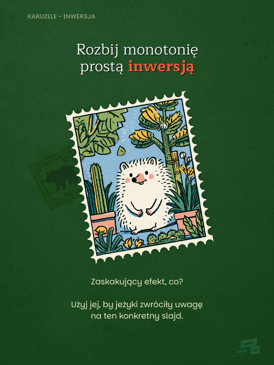 Uśmiechnięty jeżyk w otoczeniu roślin doniczkowych na znaczku pocztowym, ilustracja do kampanii inwestycyjnej