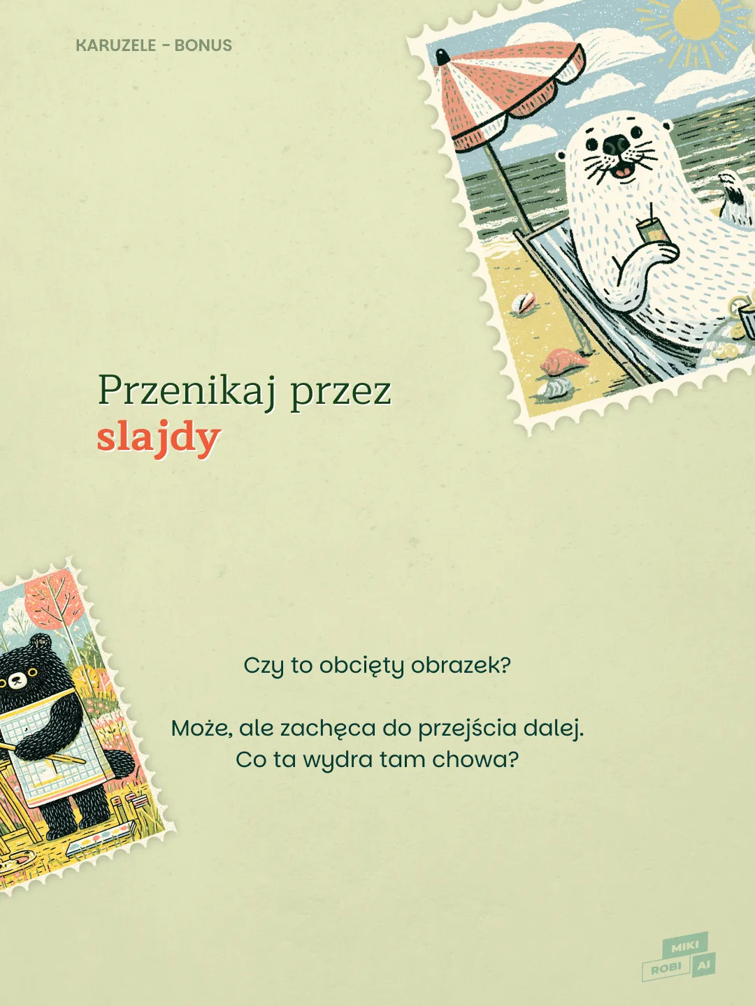 Foka na plaży pod parasolem z napojemwśród słonecznego krajobrazu morskiego