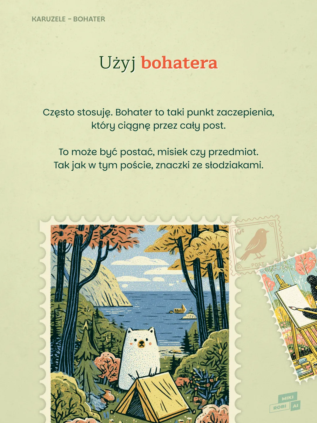 Biały niedźwiedź w lesie przy namiocie i jeziorze, ilustracja na znaczku pocztowym