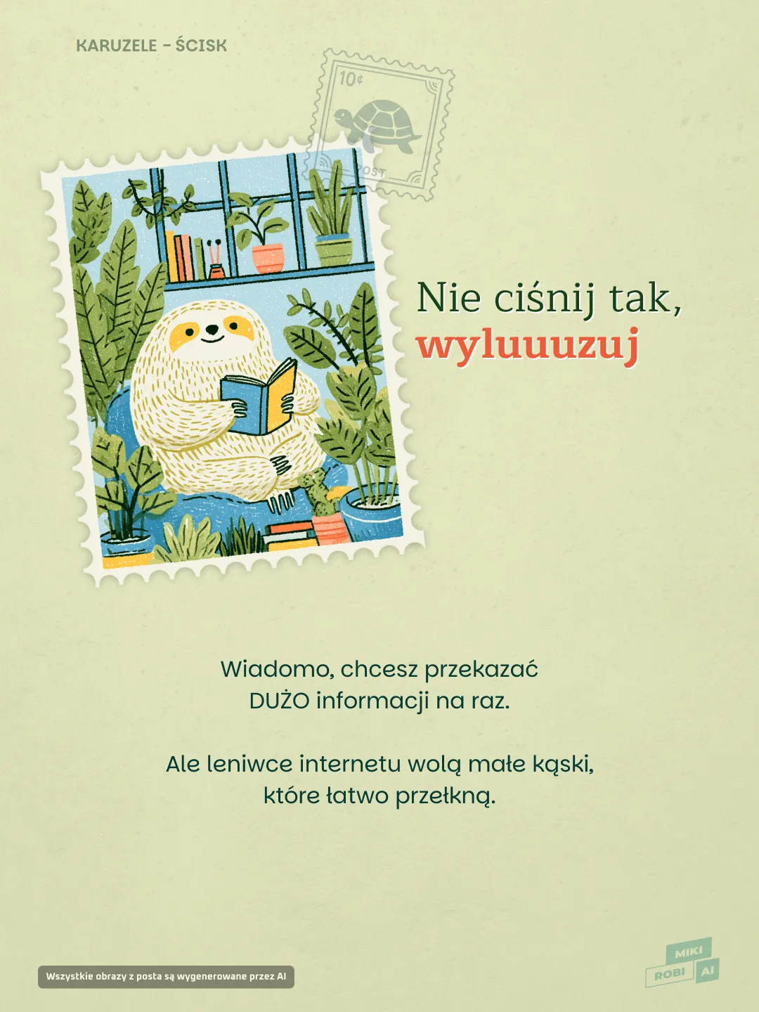 Leniwiec czytający książkę wśród roślin doniczkowych na znaczku pocztowym