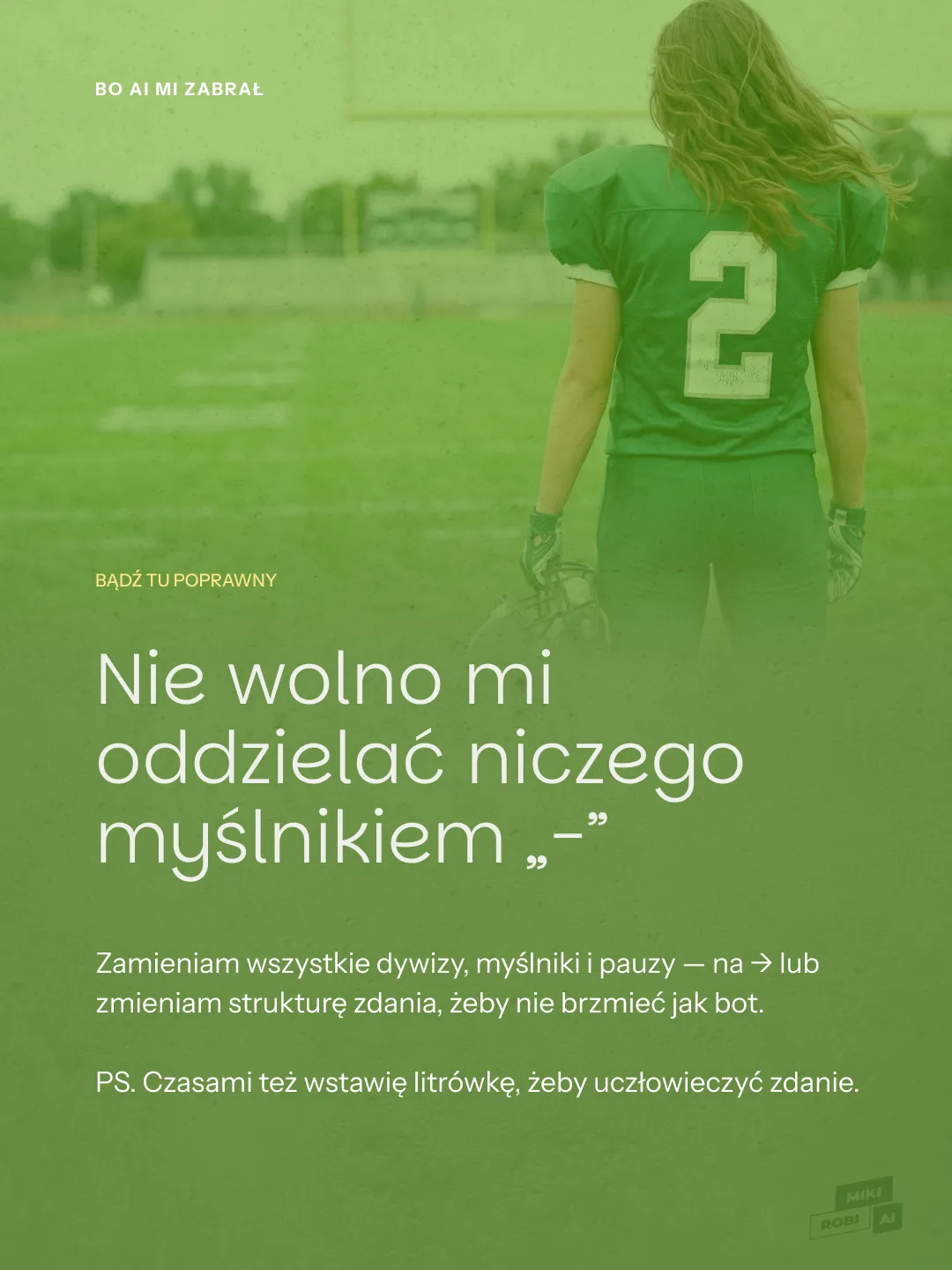 Dziewczyna w zielonym stroju piłkarskim numer 2 na boisku, motywacyjny plakat sportowy