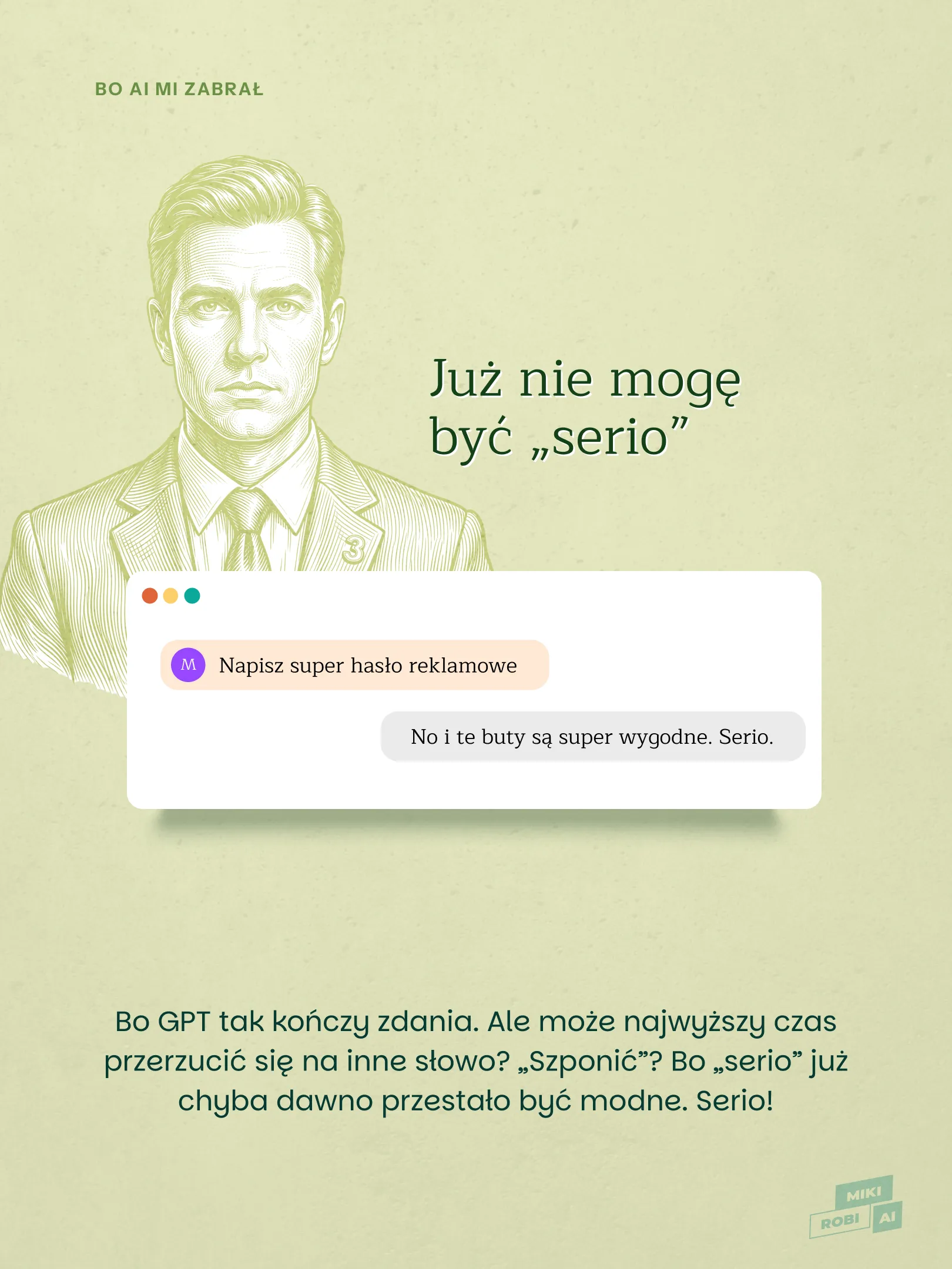 Mężczyzna w garniturze rozmawia z chatbotem AI o słowie "serio" w humorystycznej konwersacji