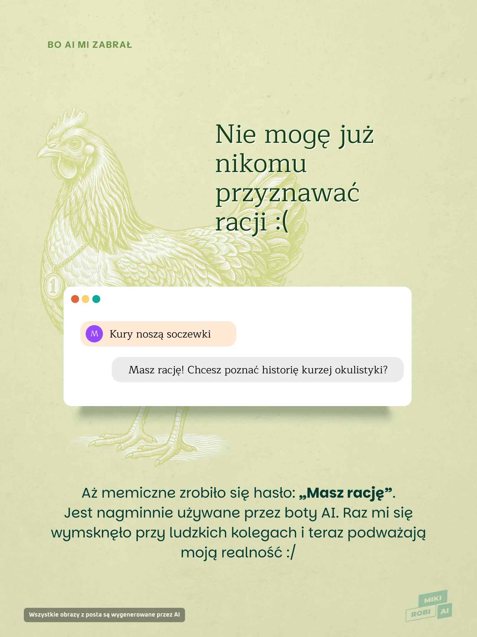 Kura z dialogiem chatbota AI o nieznanych rasach kurcząt