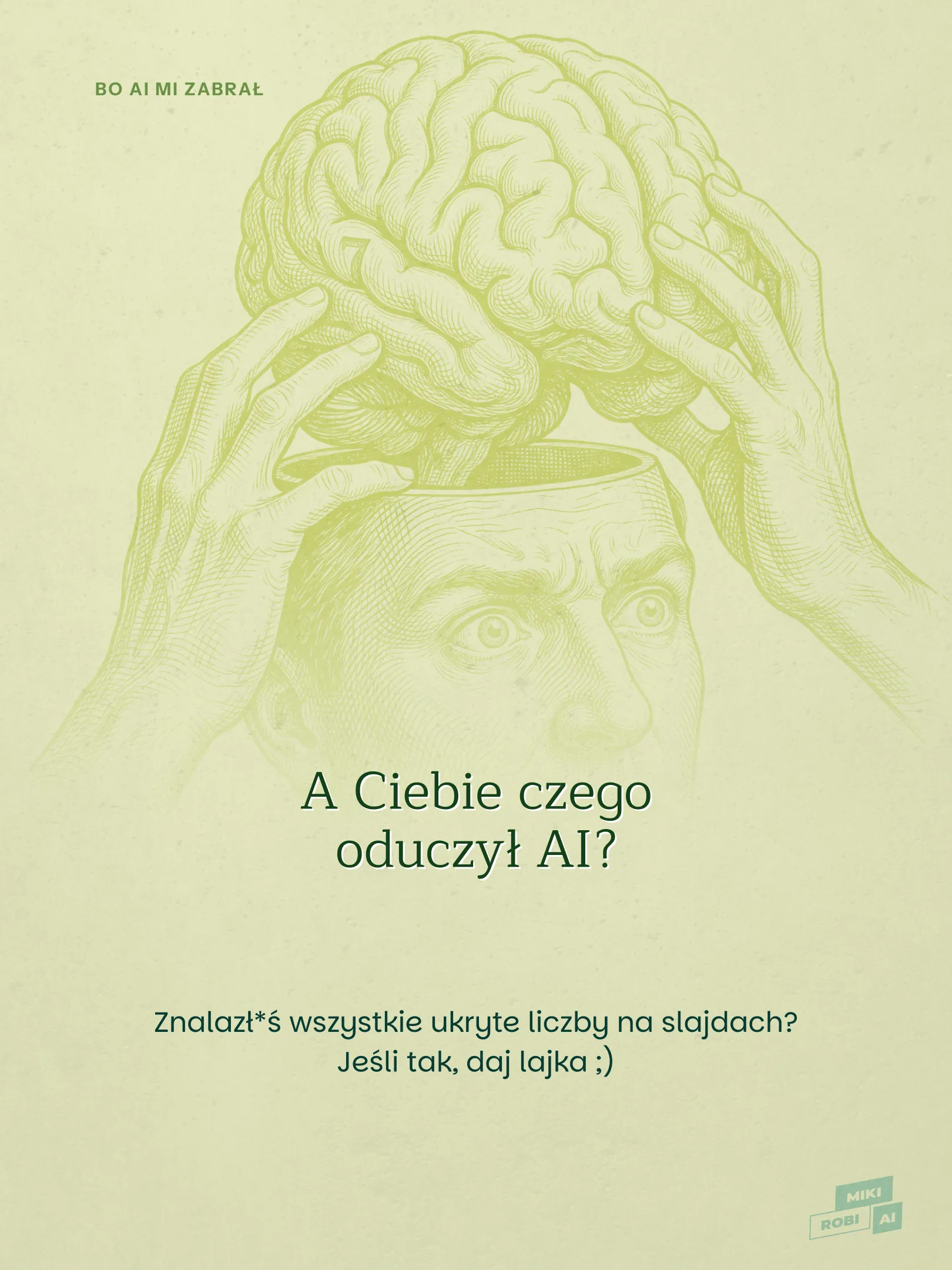 Ilustracja mózgu w dłoniach z tekstem o sztucznej inteligencji