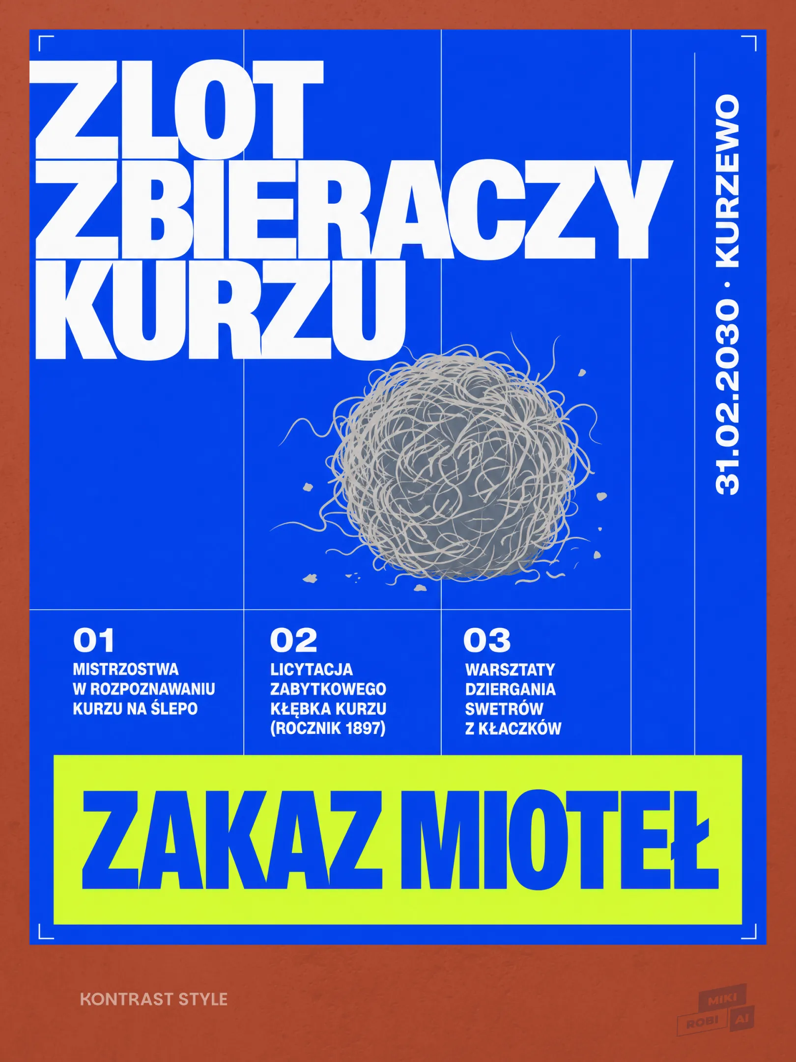 Plakat promujący złot zbieraczy kurzu z wydarzeniami w Warszawie od 31.02.2030
