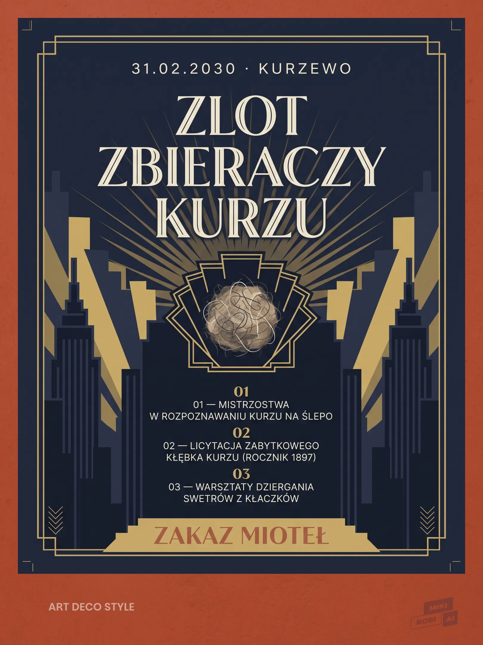 Plakat Złot Zbieraczy Kurzu w Kurzewie 31.02.2030, art deco, zakaz mioteł