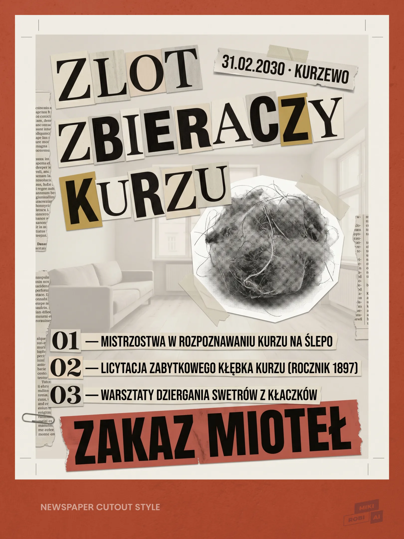 Plakat wystawy Złot Zbieraczy Kurzu w Kurzewie 31.02.2030 z programem warsztatów i zakazem wstępu