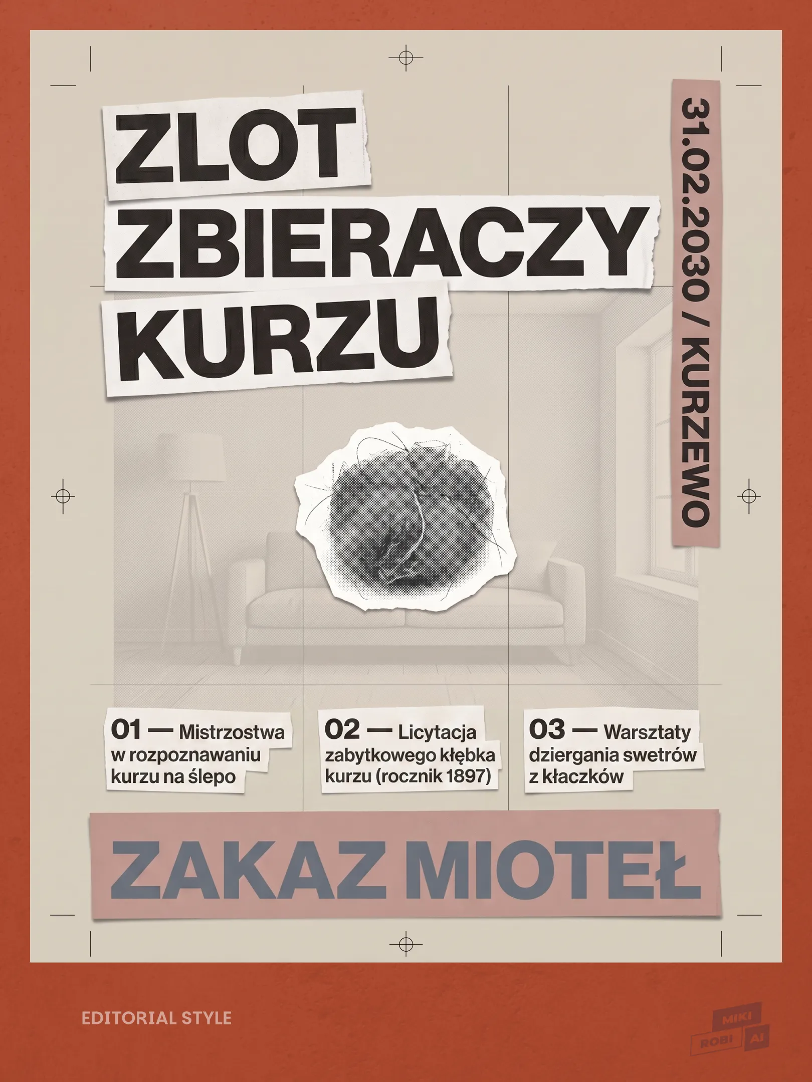 Plakat wystawy "Złot zbieraczy kurzu" z programem warsztatów i licytacji zabytkowego kłębka kurzu