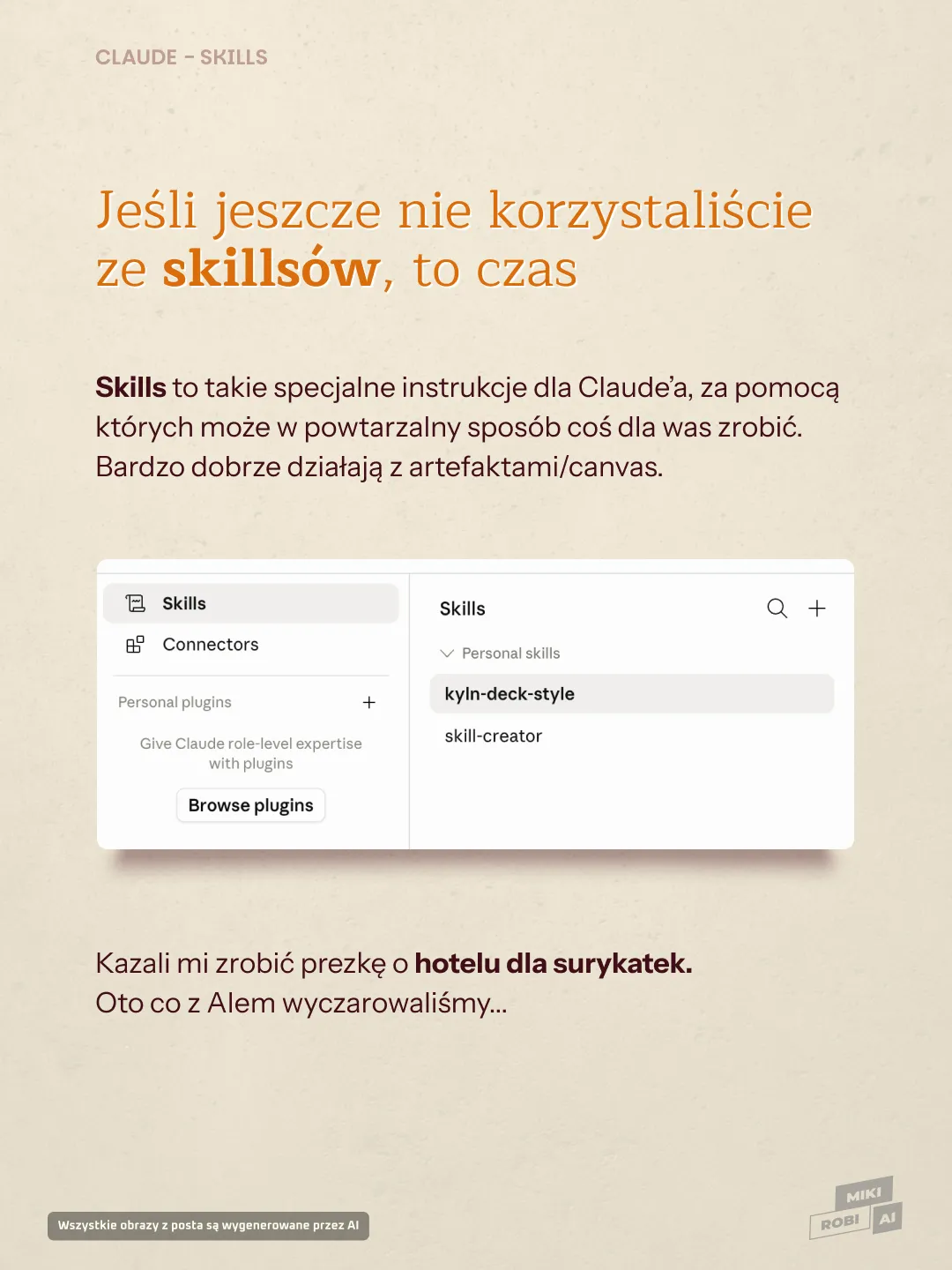Interfejs Claude Skills z pluginami i konektorami do personalizacji umiejętności