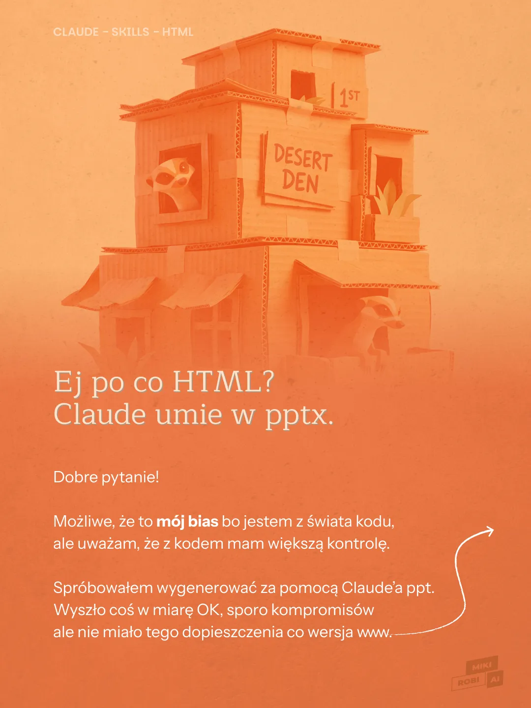 Pomarańczowy budynek Desert Den z napisem o nauce HTML i Claude'a, ilustracja edukacyjna