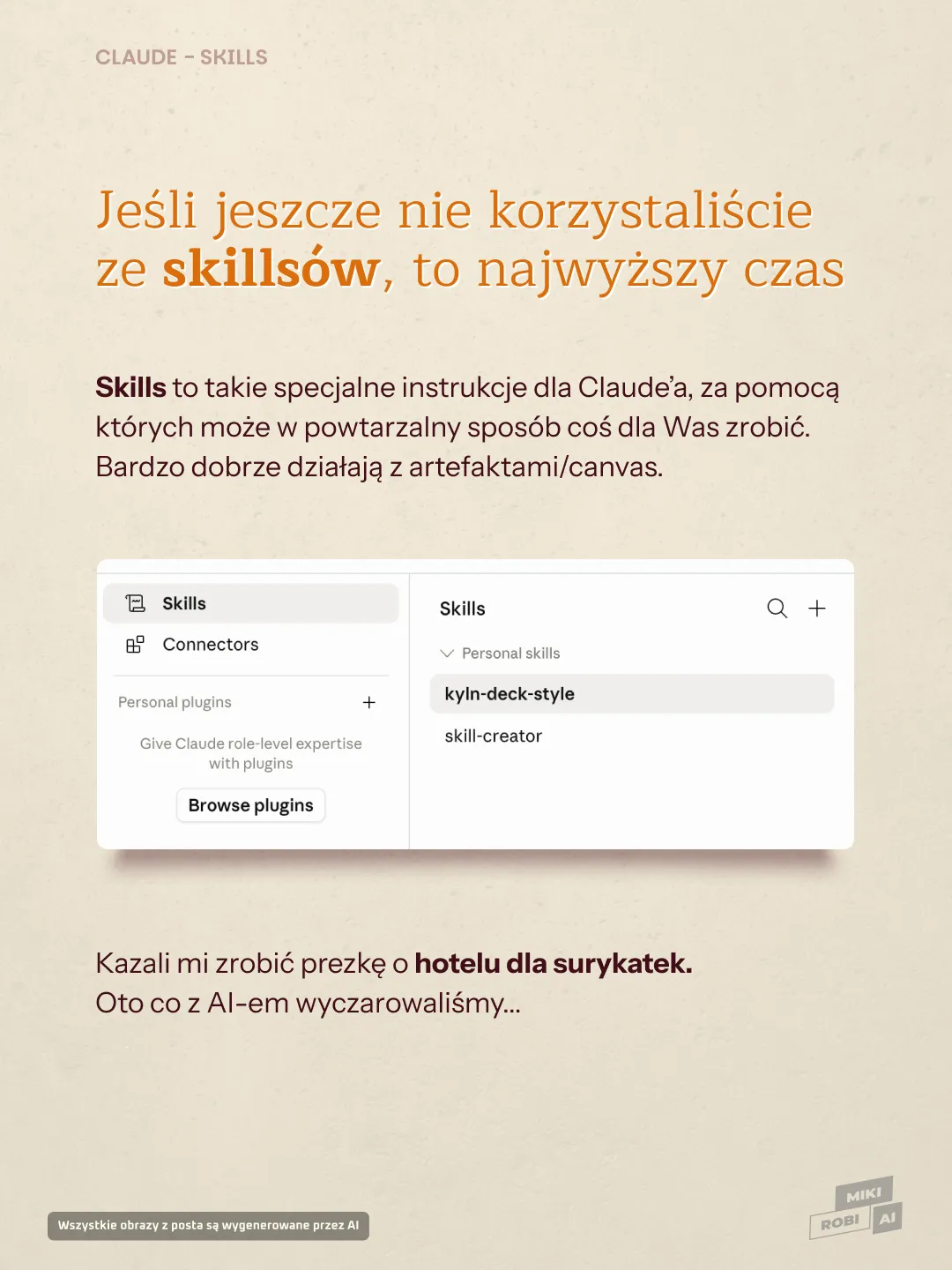 Interfejs Claude Skills z pluginami i konektorami do personalizacji umiejętności