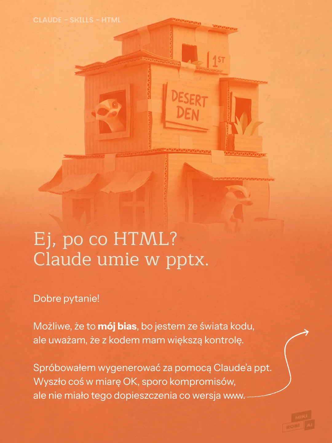 Pomarańczowy budynek Desert Den z napisem o nauce HTML i Claude'a, ilustracja edukacyjna