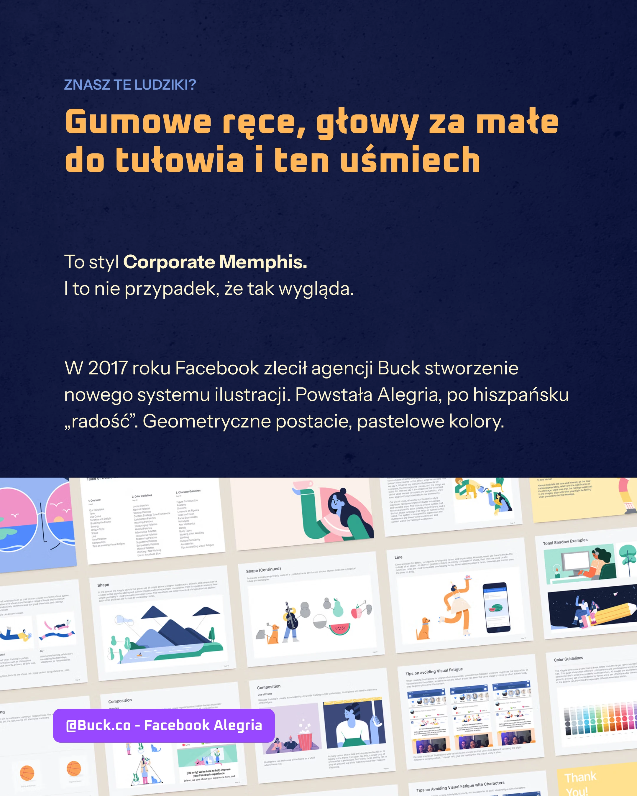 Zestawienie ilustracji Alegria projektu Buck dla Facebooka