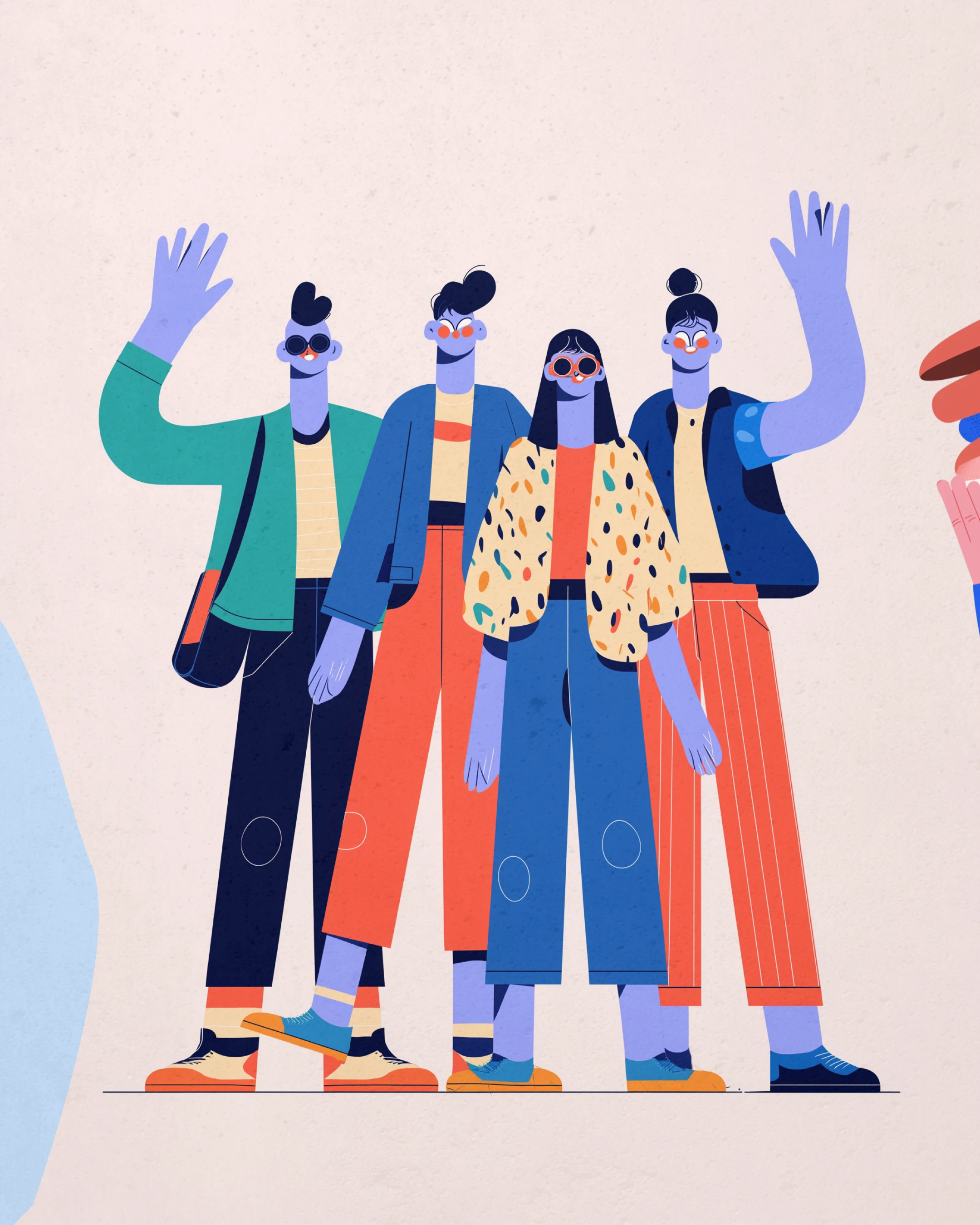 Ikony postaci z gumowymi rękami i małą głową typowe dla Corporate Memphis