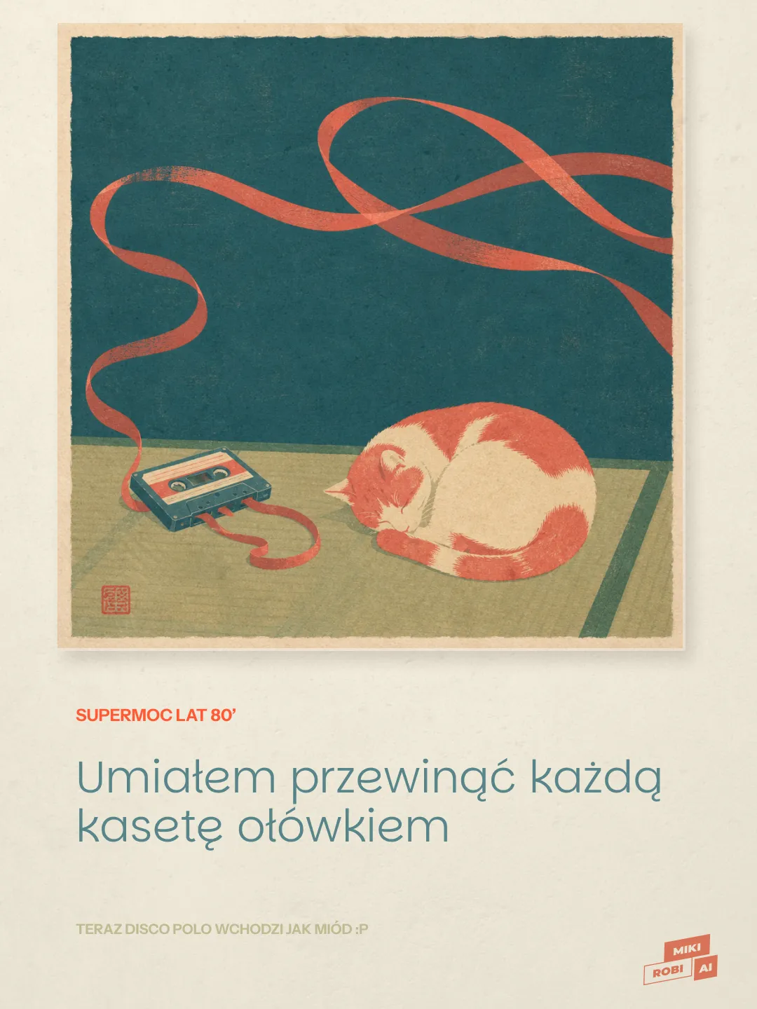 Kot bawiący się taśmą magnetyczną z kasetą, retro plakat z lat 80.