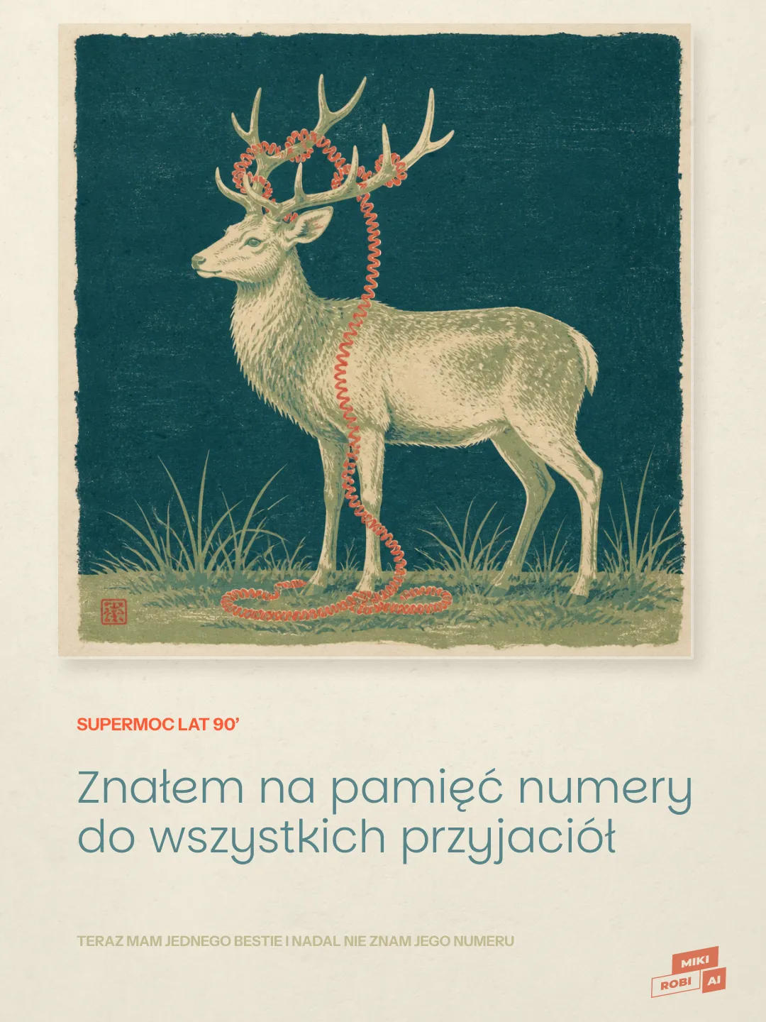 Jeleń z poroża ozdobionego czerwoną wstęgą na turkusowym tle, vintage ilustracja