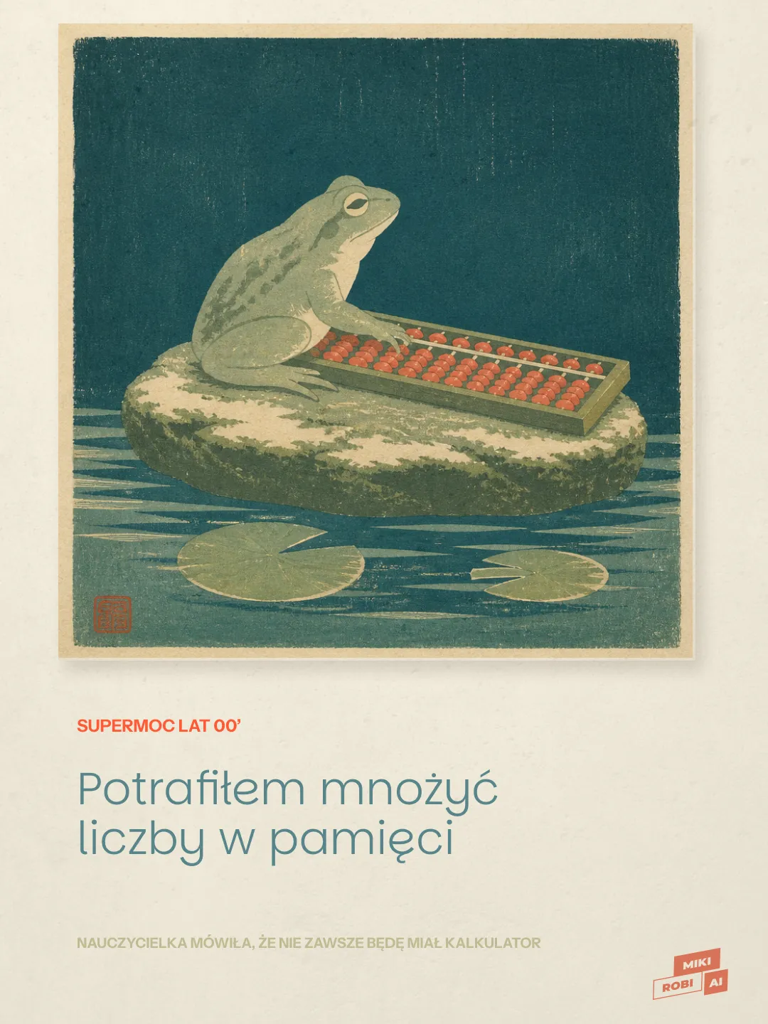 Żaba siedząca na kamieniu z liczydłem nad wodą, vintage ilustracja edukacyjna