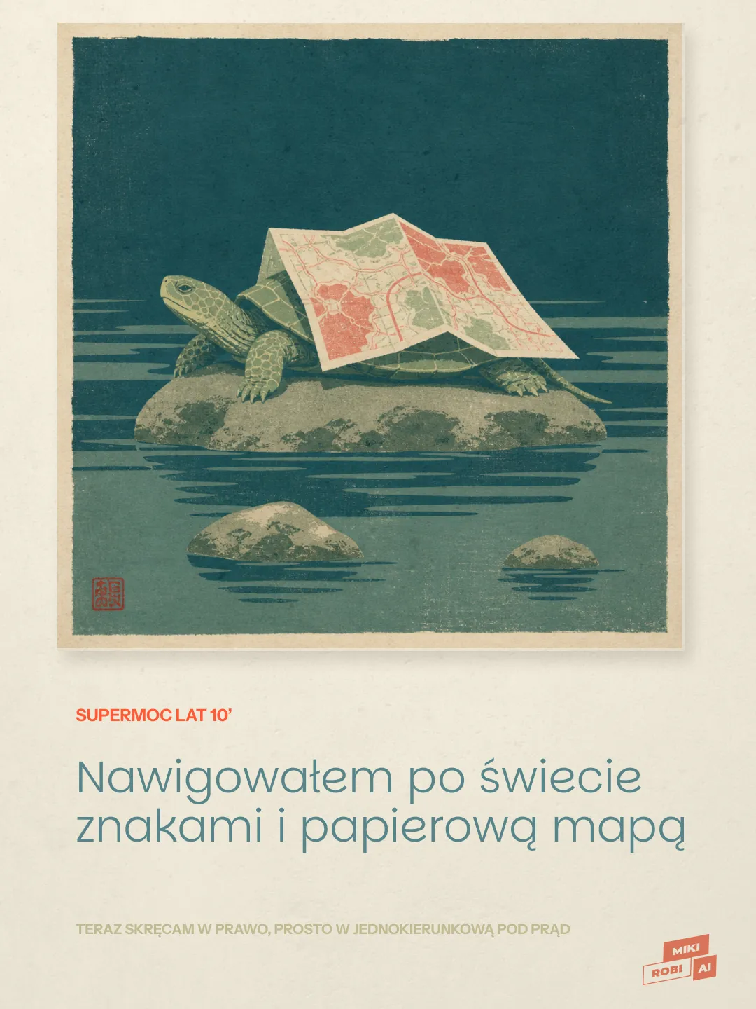 Żółw na skale z papierową mapą w stylu vintage, ilustracja w japońskim dreworycie