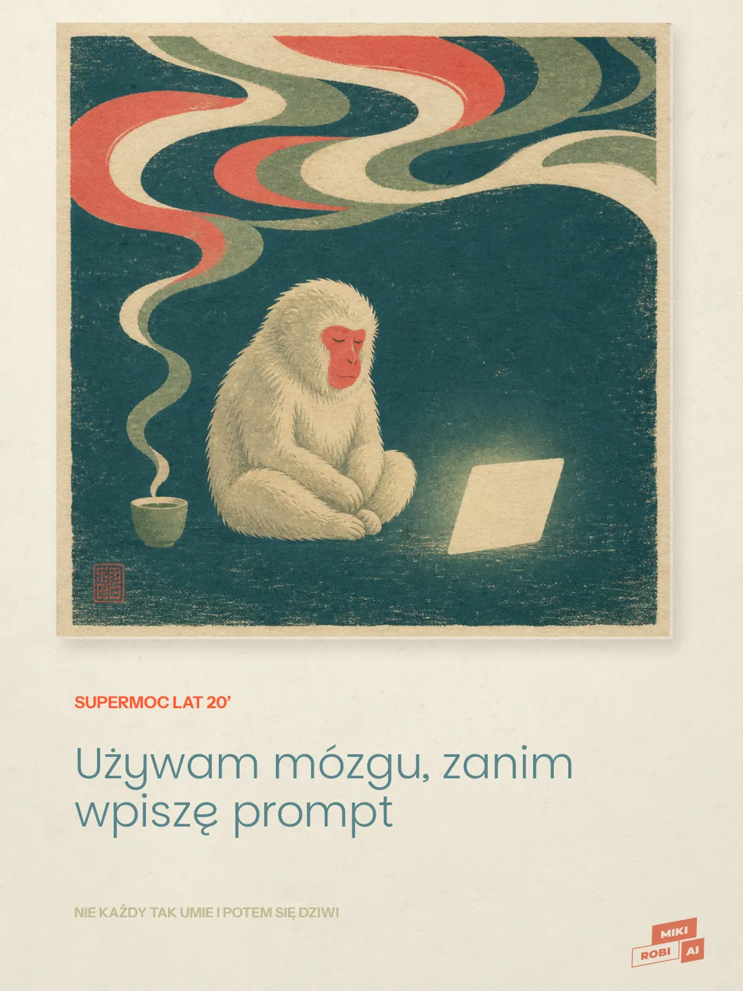 Małpa z czerwoną twarzą pracująca przy laptopie, retro plakat z abstrakcyjnymi wzorami