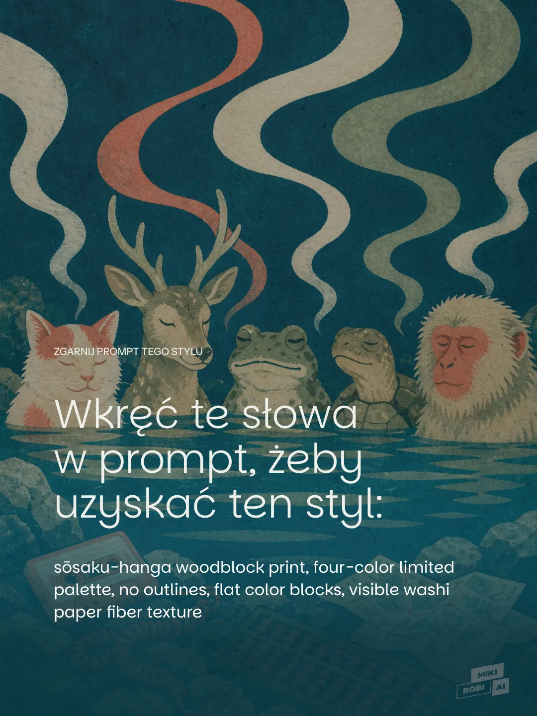 Sosaku-hanga druk drewniany z pięcioma zwierzętami nad wodą na ciemnozielonym tle z falistymi liniami