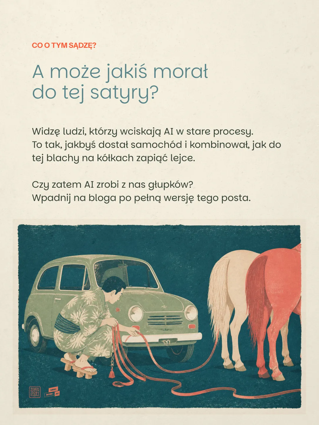 Kobieta dojąca konia podłączonego do samochodu, satyryczna ilustracja o sztucznej inteligencji