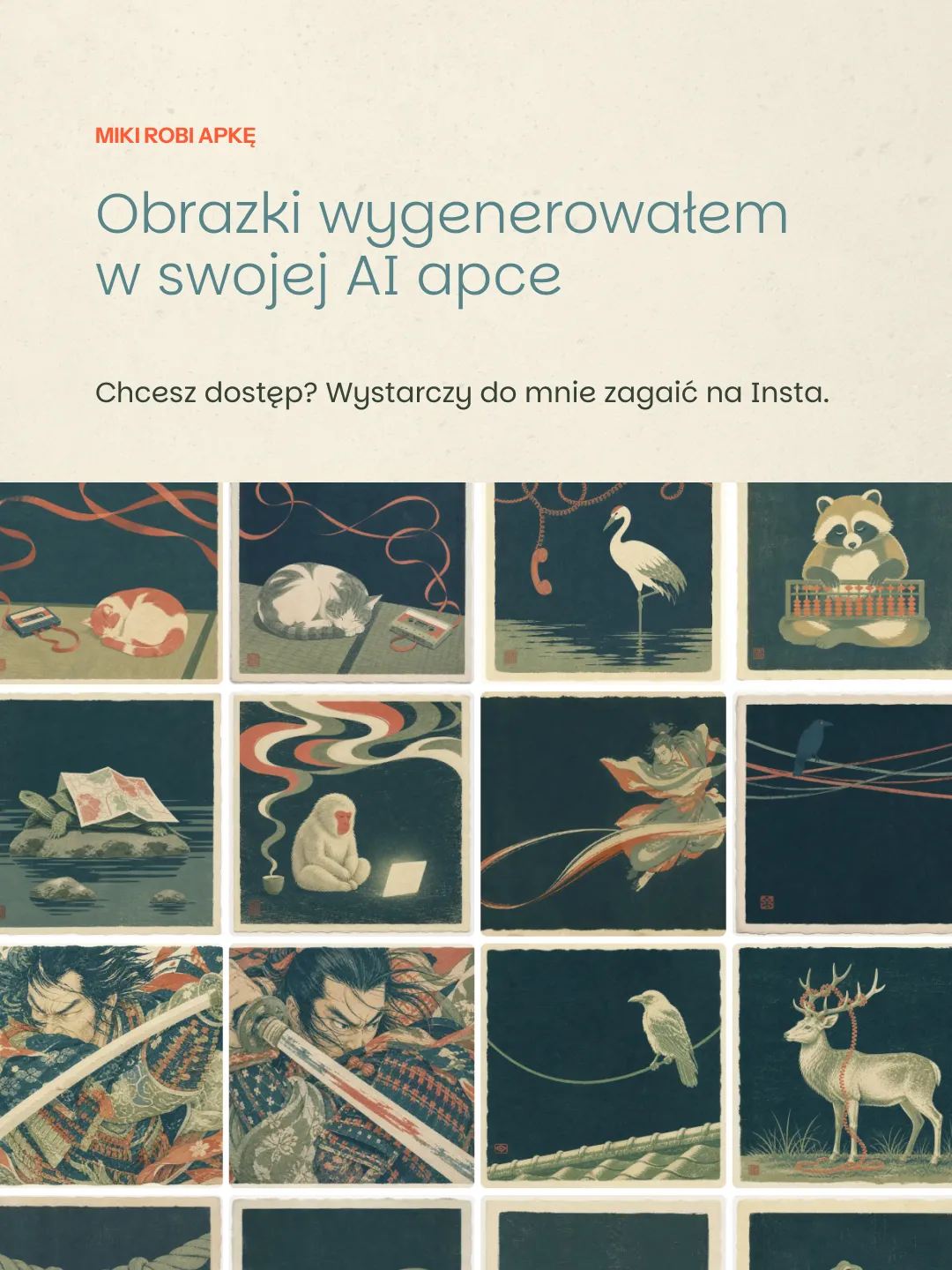 Galeria obrazów wygenerowanych sztuczną inteligencją z zwierzętami i postaciami w stylu vintage